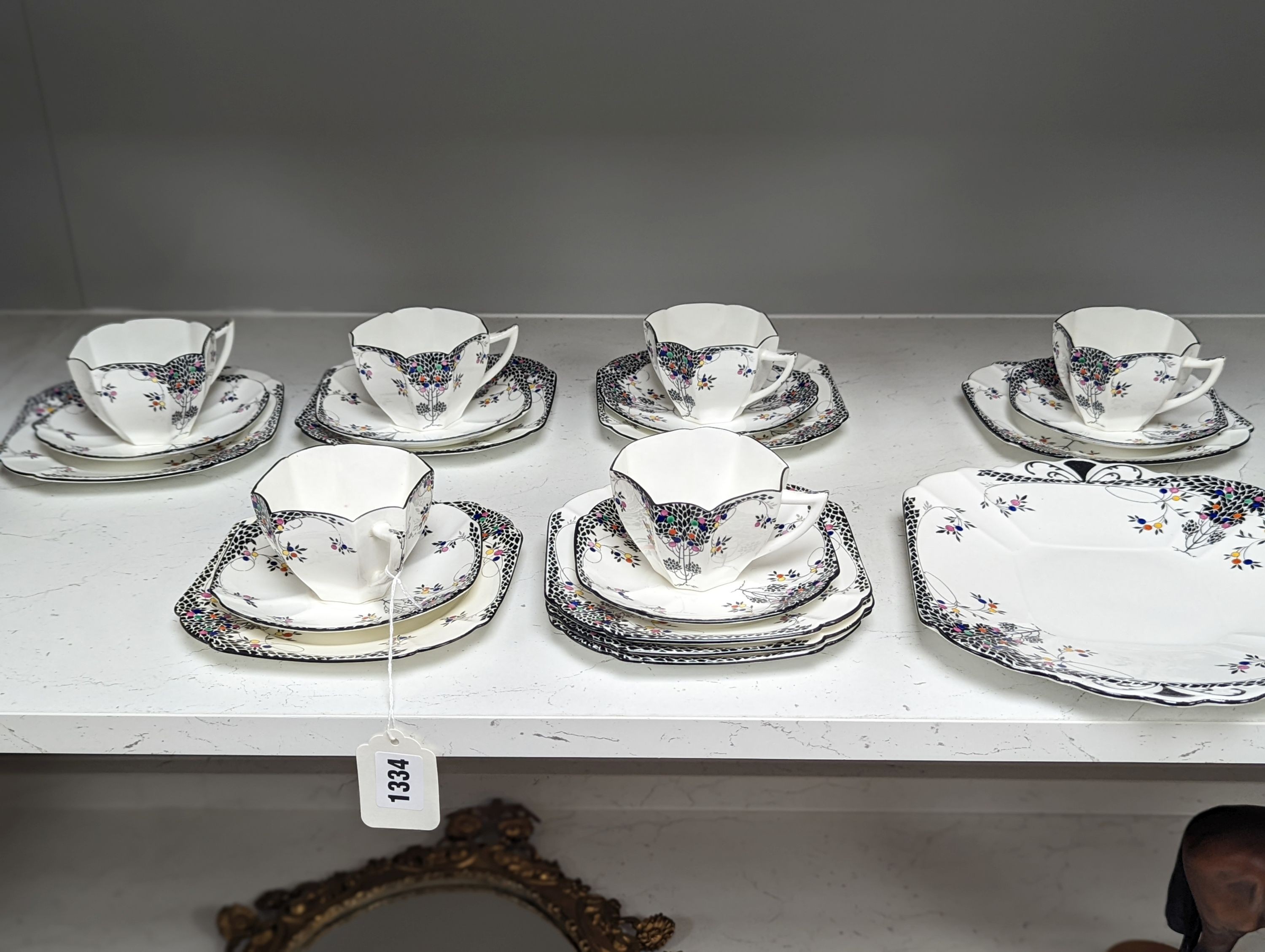 A Shelley Black Leafy Tree pattern part teaset, in Queen Anne shape